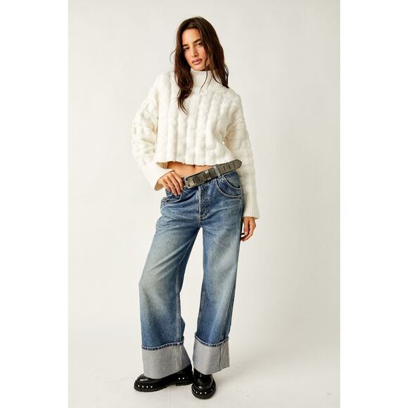 We The Free Soul Searcher Moc Neck Sweater Slouchy Checkered Texture Ivory S NWT - Picture 1 of 6